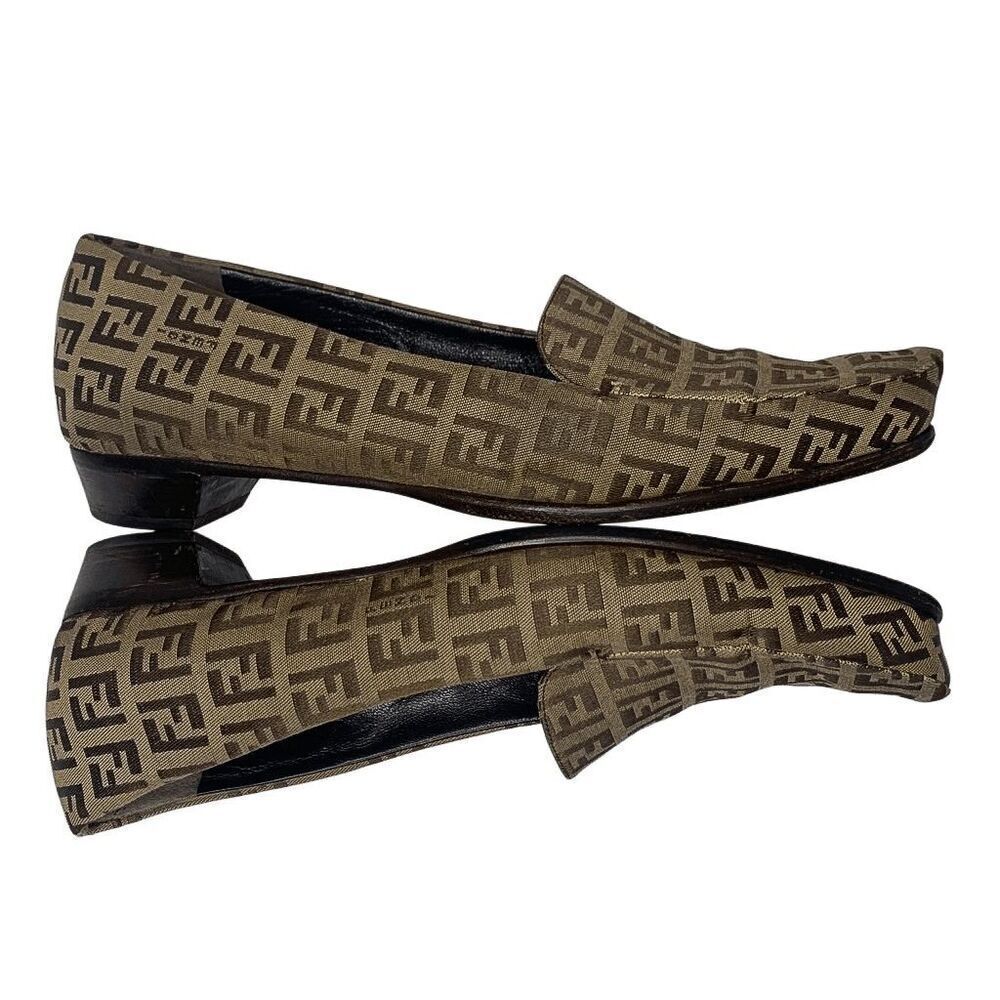 Fendi Zucca Monogram Slip Ons EU 38 Brown FF Logo Loafer Low Block Heel Pumps - Picture 5 of 12